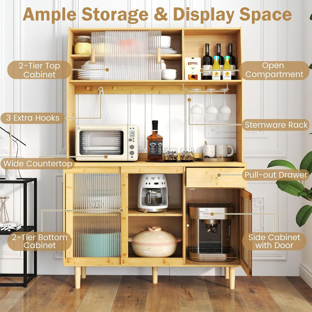 LOKO 69” Tall Bamboo Pantry Cabinet with Hutch, Kitchen Buffet Sideboard with...
