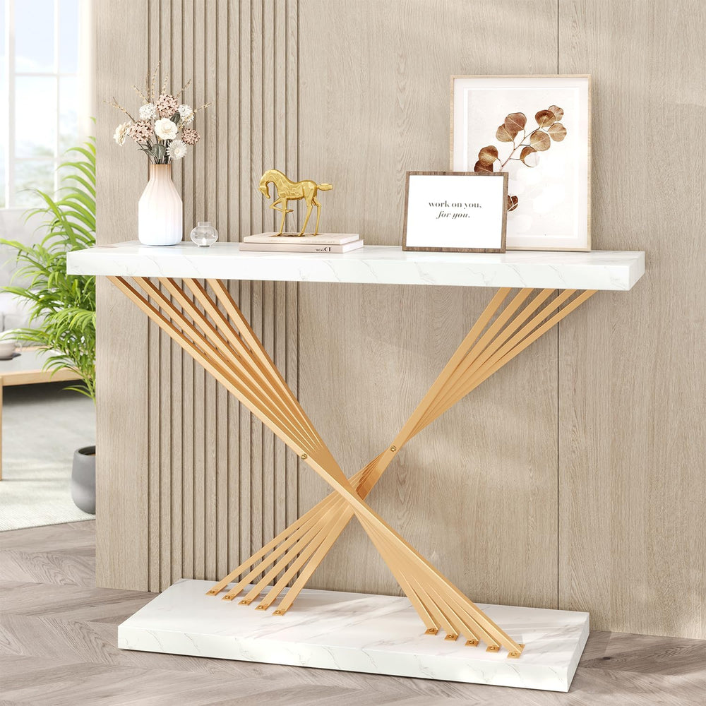 UNIQUITE 39.4 Inch Gold Console Table, White Faux Marble Modern Entryway Tabl...