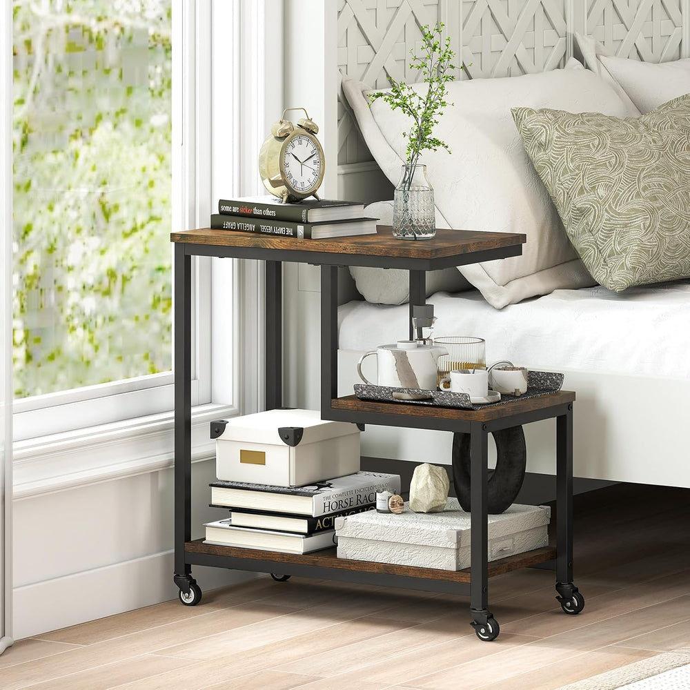 GOFLAME G-Shaped End Table, 3-Tier Sofa Side Table with Wheels, Open Shelves,...