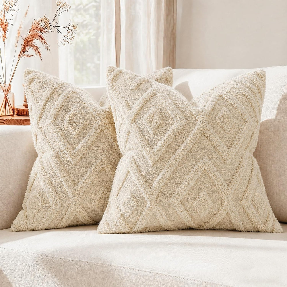 Set of 2 Faux Fur Beige Throw Pillow Covers 30x30,Soft Checkborad Pattern Dec...
