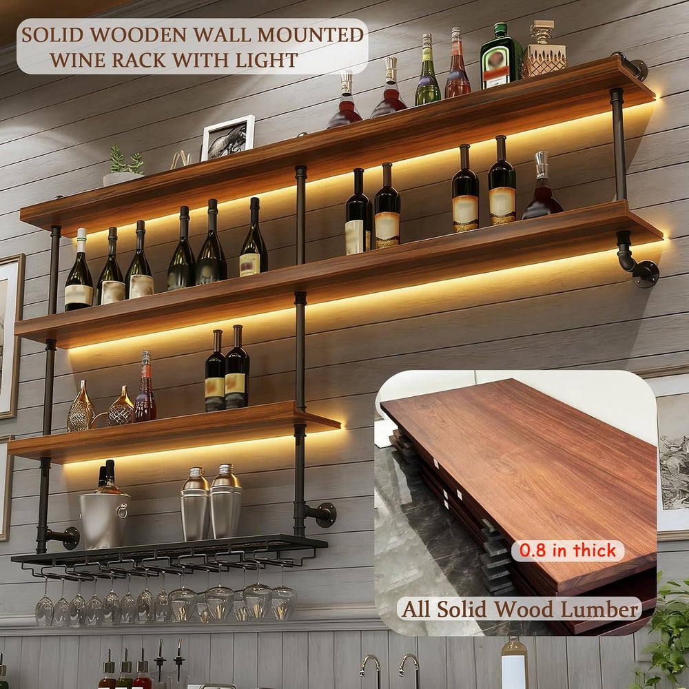 39.4in Solid Wood Wine Rack Wall Mounted, 4-Tier with LED Lights | Liquor Bot...