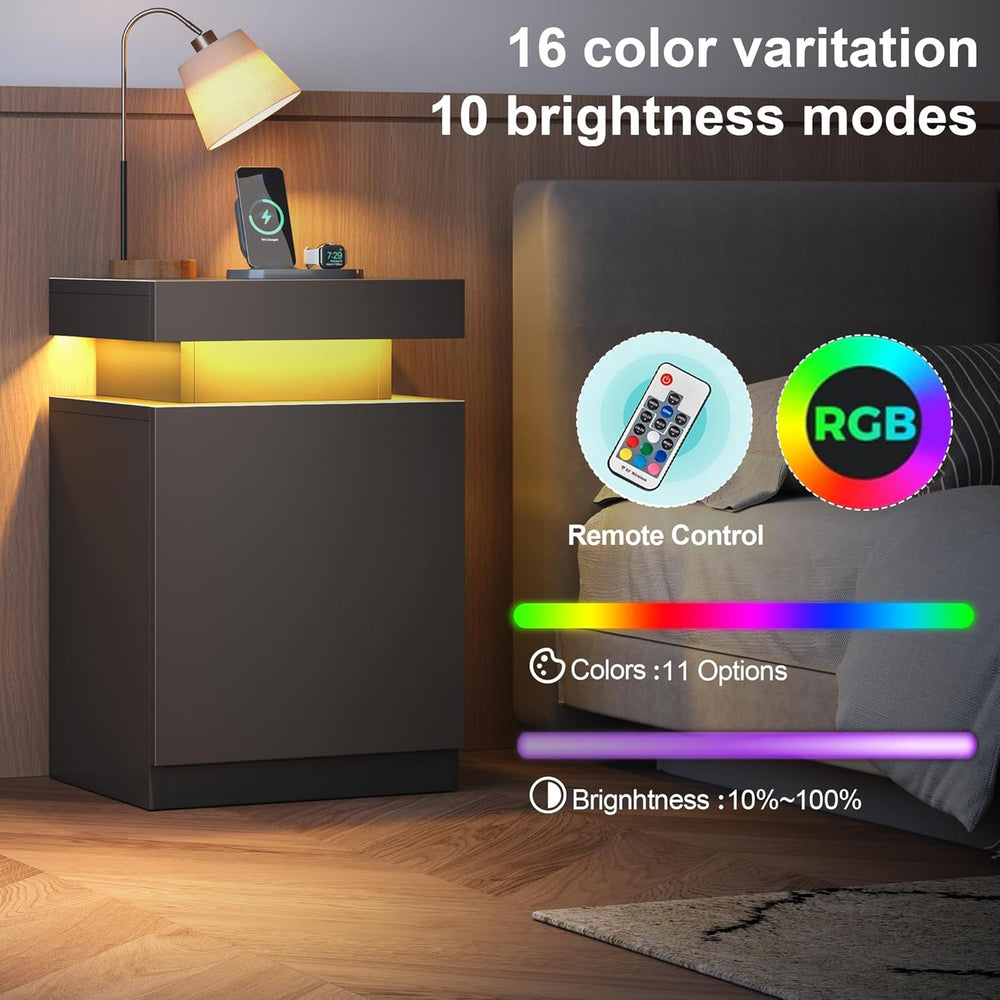 MXV Nightstand with LED Lights & Charging Station, Black Bedside Tables w...