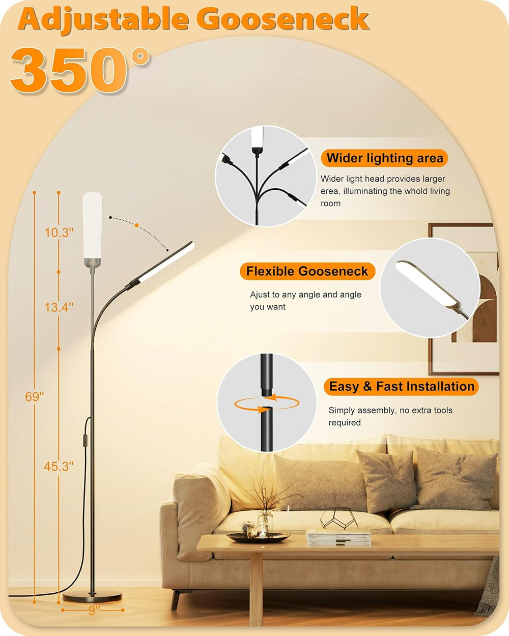 mukuxin LED Floor Lamp, 18W/1800lm Bright Reading Floor Lamp with Remote, Ste...