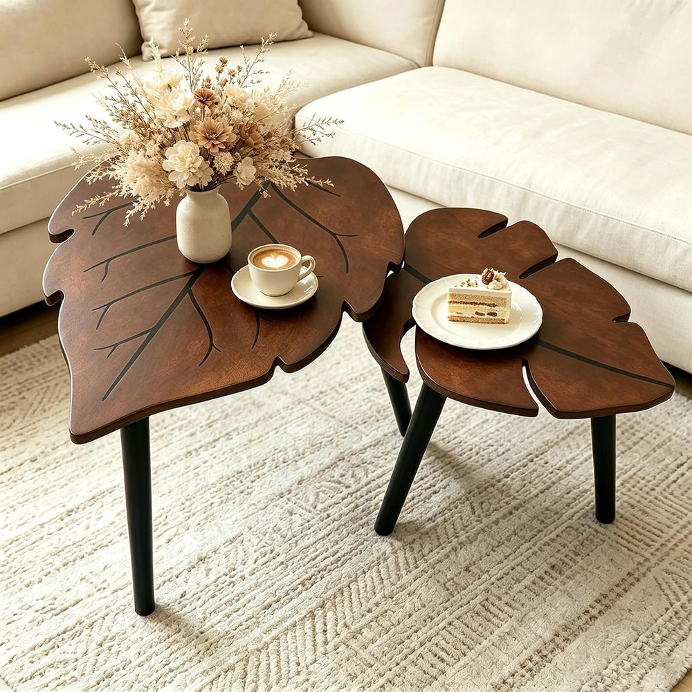 Nesting Coffee Table Set of 2, Monstera Leaf Wooden Side Table | Stacking Min...