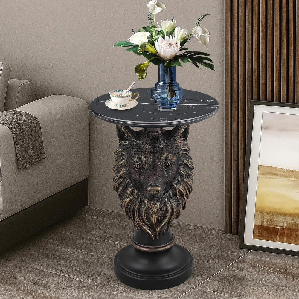 Wolf Head Side Table, Round End Table with 17.72" Black Faux Marble Top,...
