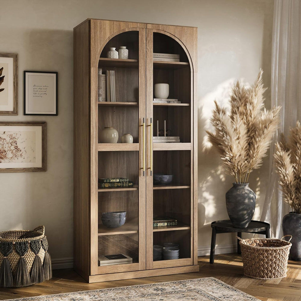 BELLEZE 67" Tall Glass Display Cabinet, Modern Wood Curio Cabinet Bookca...