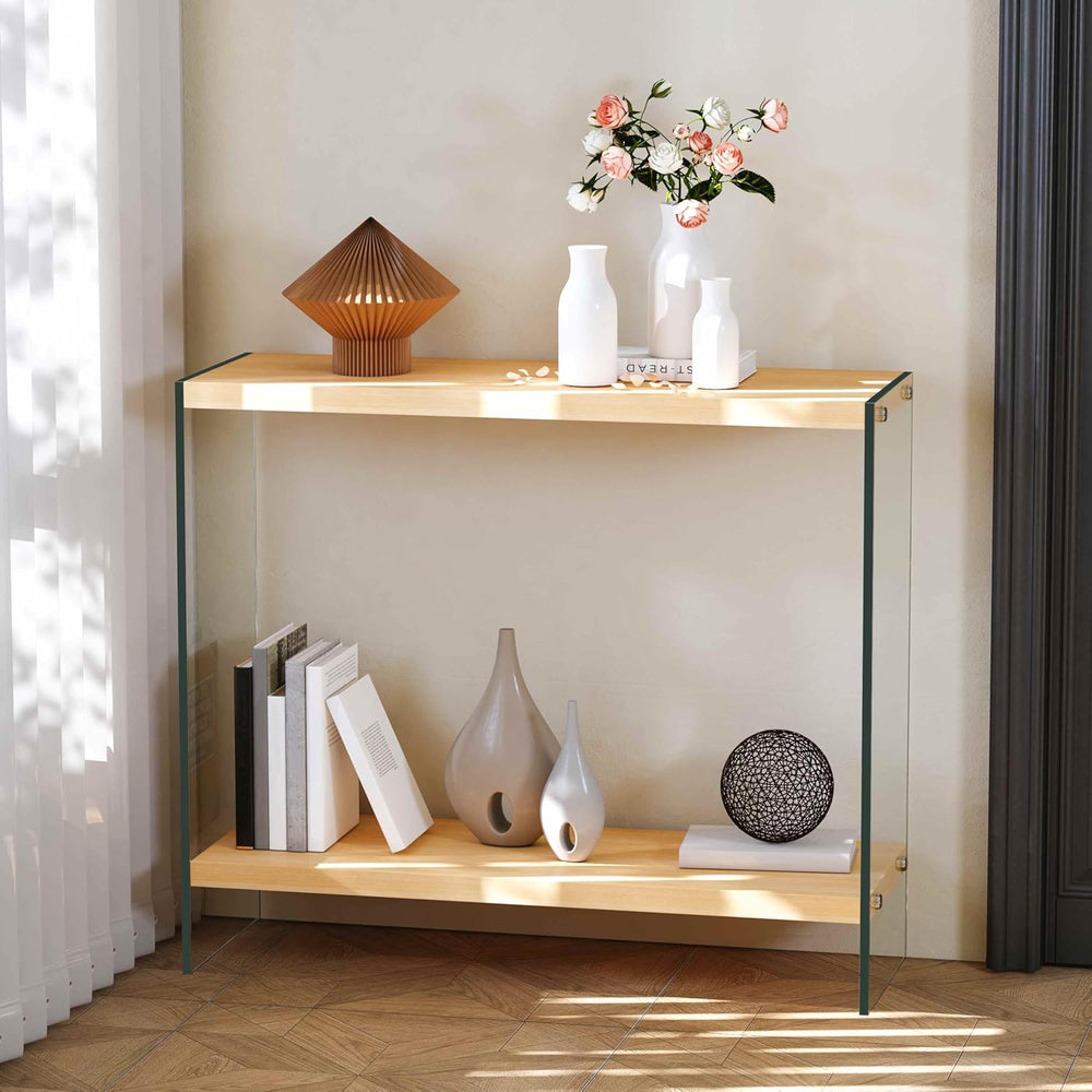 Console Table 2-Tier Rectangle Entry Desk Wood Shelf Glass Leg 32-inch