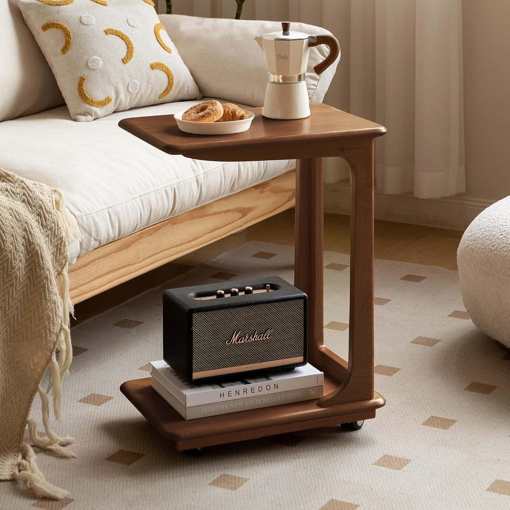 YESWOOD 100% Solid Wood C Shaped Side Table with Wheels, Small Side Table for...