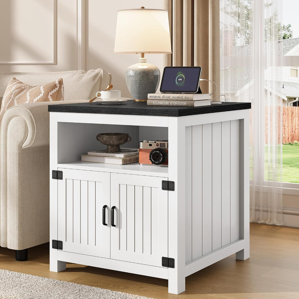 Farmhouse End Table with Charging Station, 24" Large Side Table with Ope...