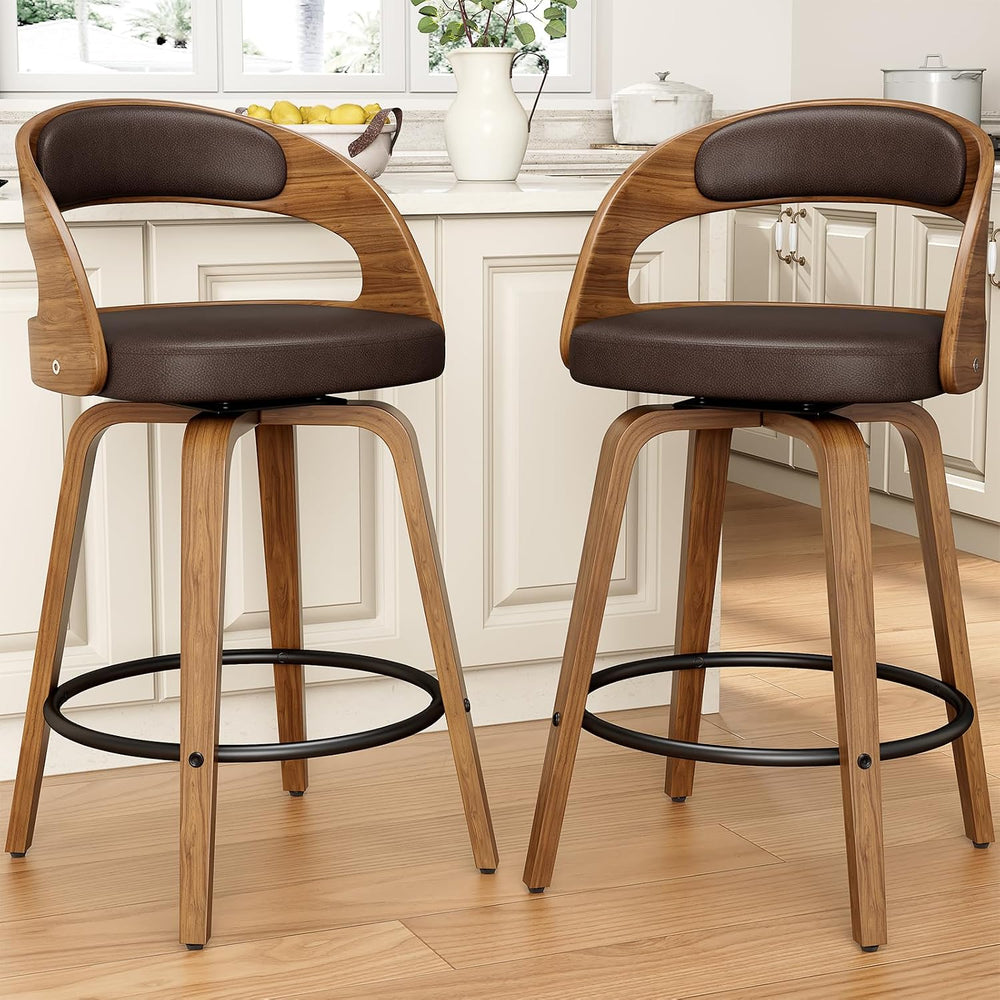 REONEY Swivel Bar Stools Set of 3, 26" Counter Height, Brown | Walnut Wo...
