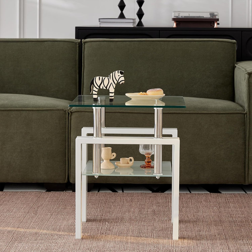 2pcs Modern Glass End Table - Two Tiered Clear Nightstand, Square Tempered Gl...