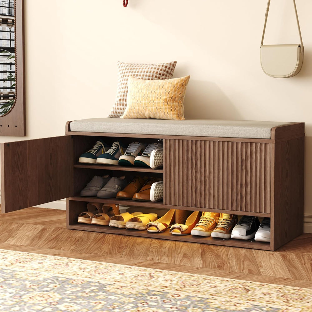 HOMEFORT 39.4" Fluted Shoe Storage Bench, Entryway Bench with Linen Seat...