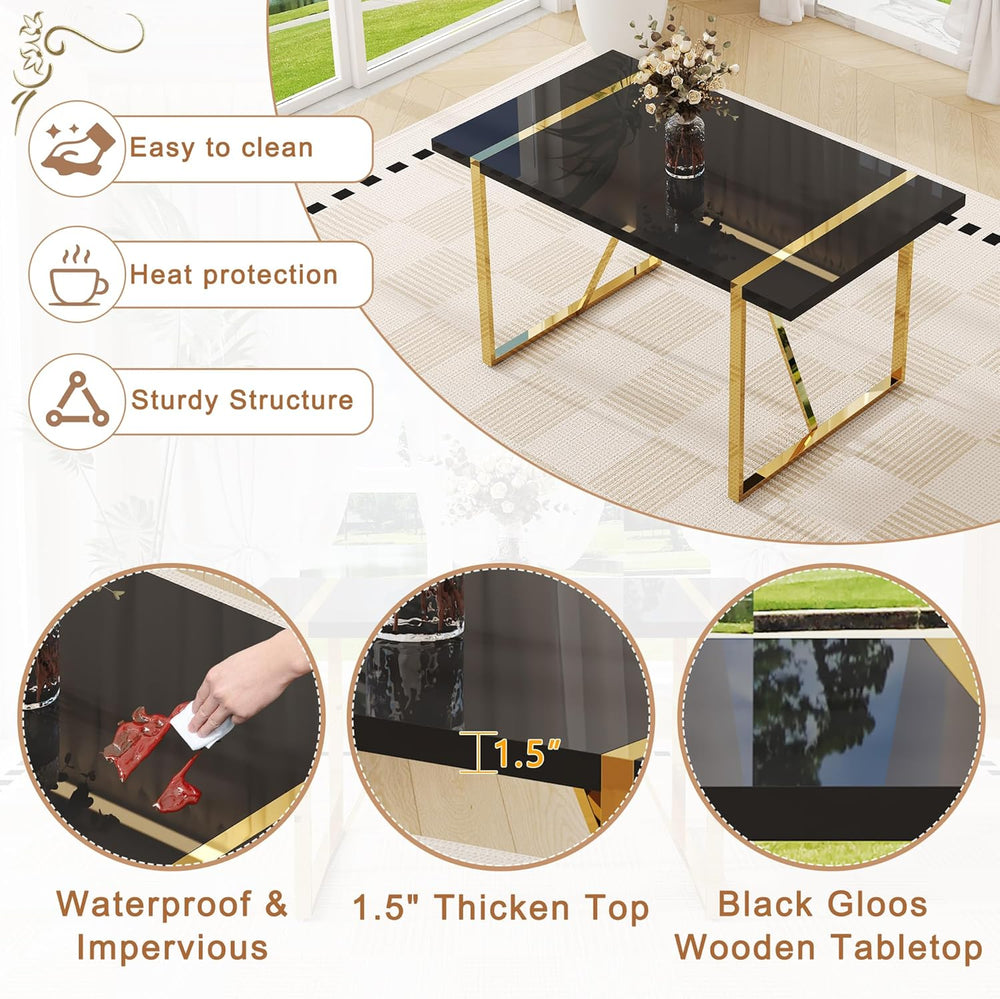 Black Dining Table Set for 4, 55" Black Glossy Top with Gold Metal Legs,...