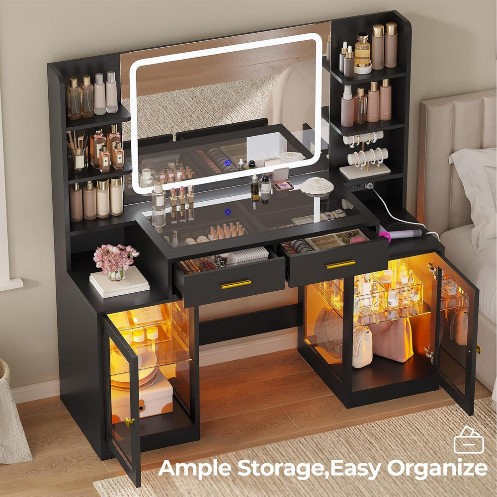 ADORNEVE Makeup Vanity with Mirror & Lights, Glass RGB Cabinets, Black | ...