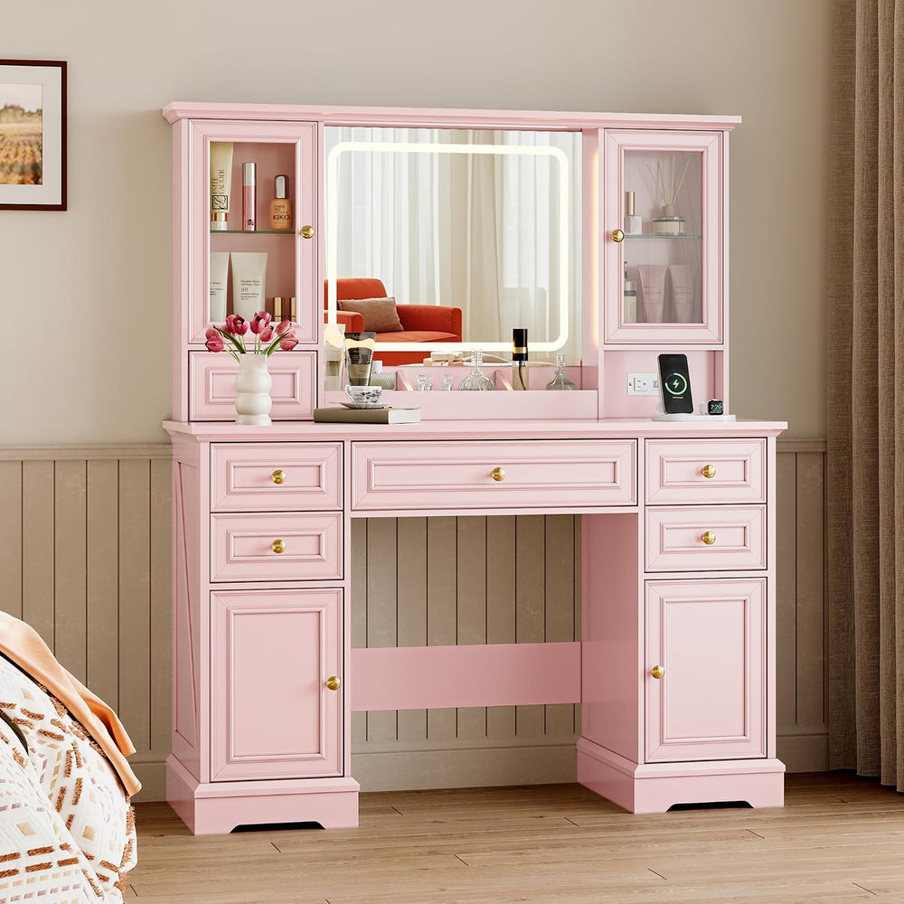 BORNOON Vanity Desk with Lights, Large LED Mirror with 3 Color Modes, Makeup ...
