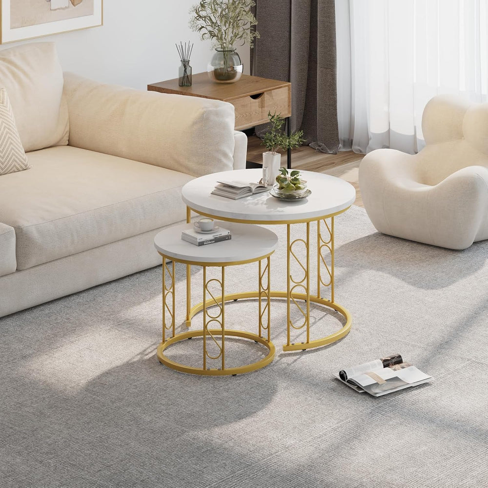 Garden 4 you Coffee Table Faux Marble Nesting Table for Small Place 2 Sets Mo...