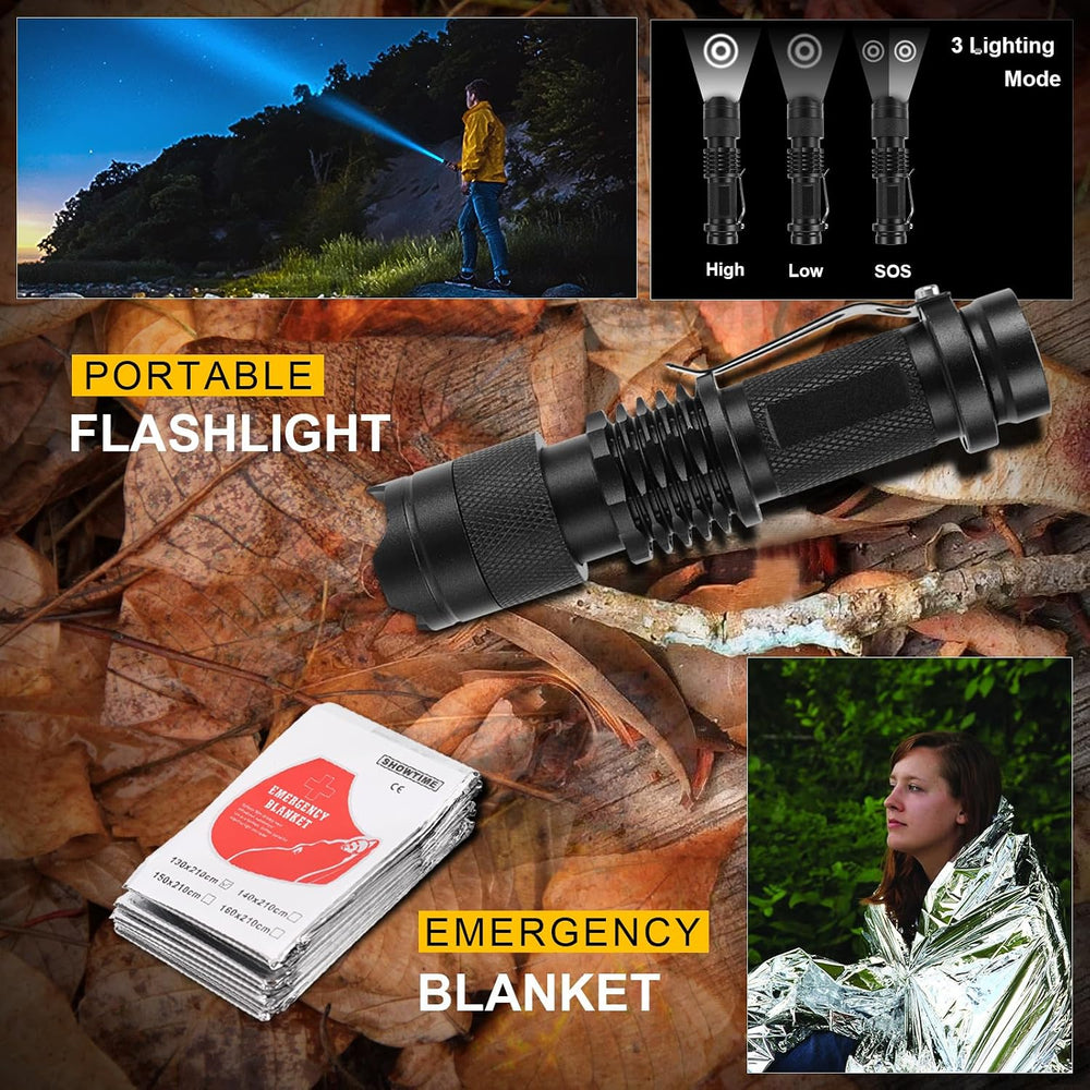 Survival Kit–219Pcs Bug Out Bag with First Aid Kit, Crossbody Bag, Axe, LED C...