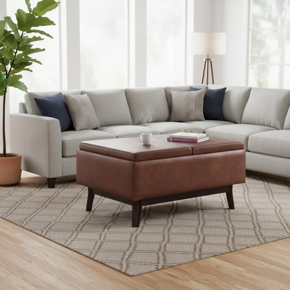 SIMPLIHOME Owen 34" Vegan Leather Storage Ottoman in Distressed Pecan Brown