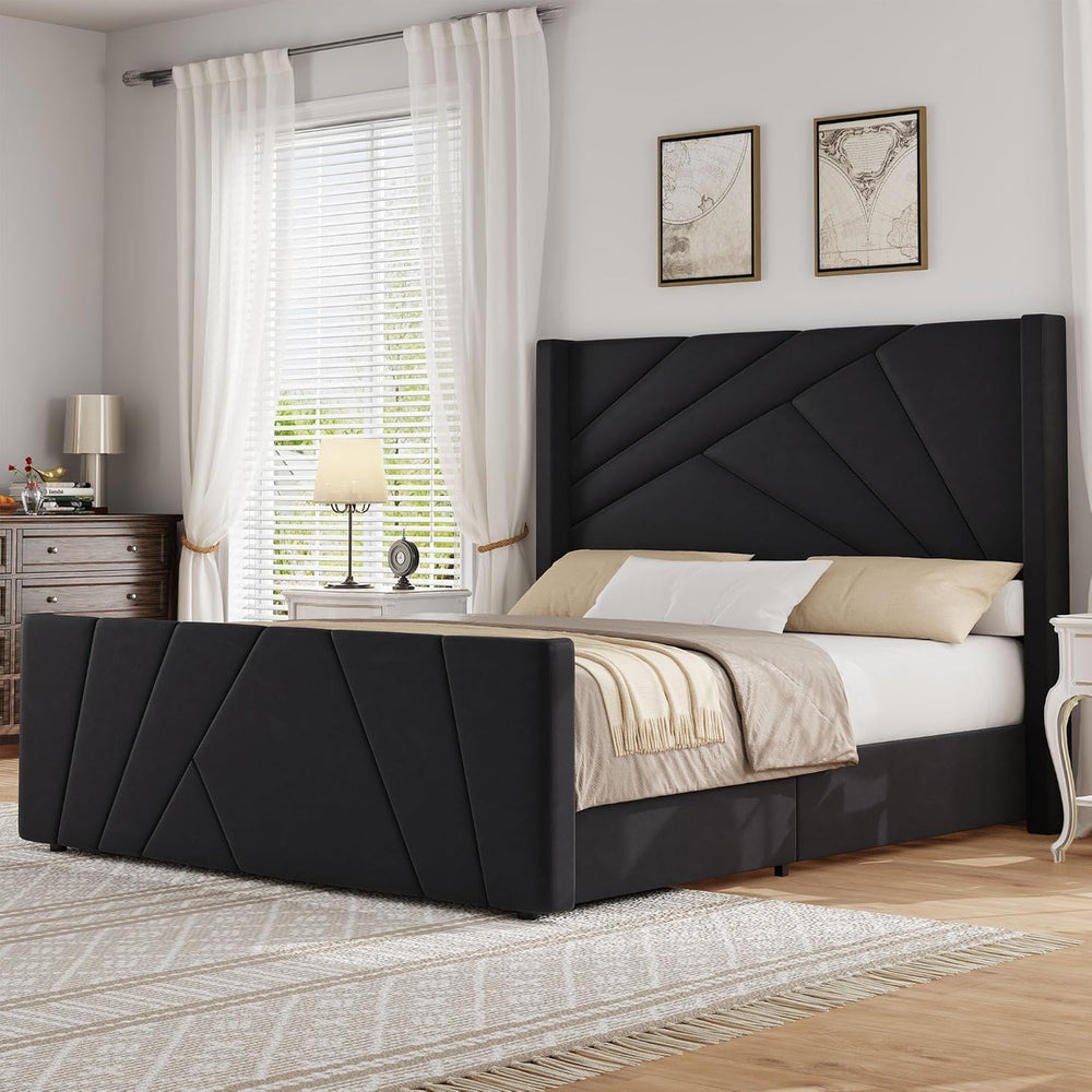 BarnFurin Queen Bed Frame with Geometric Wingback Headboard, Black