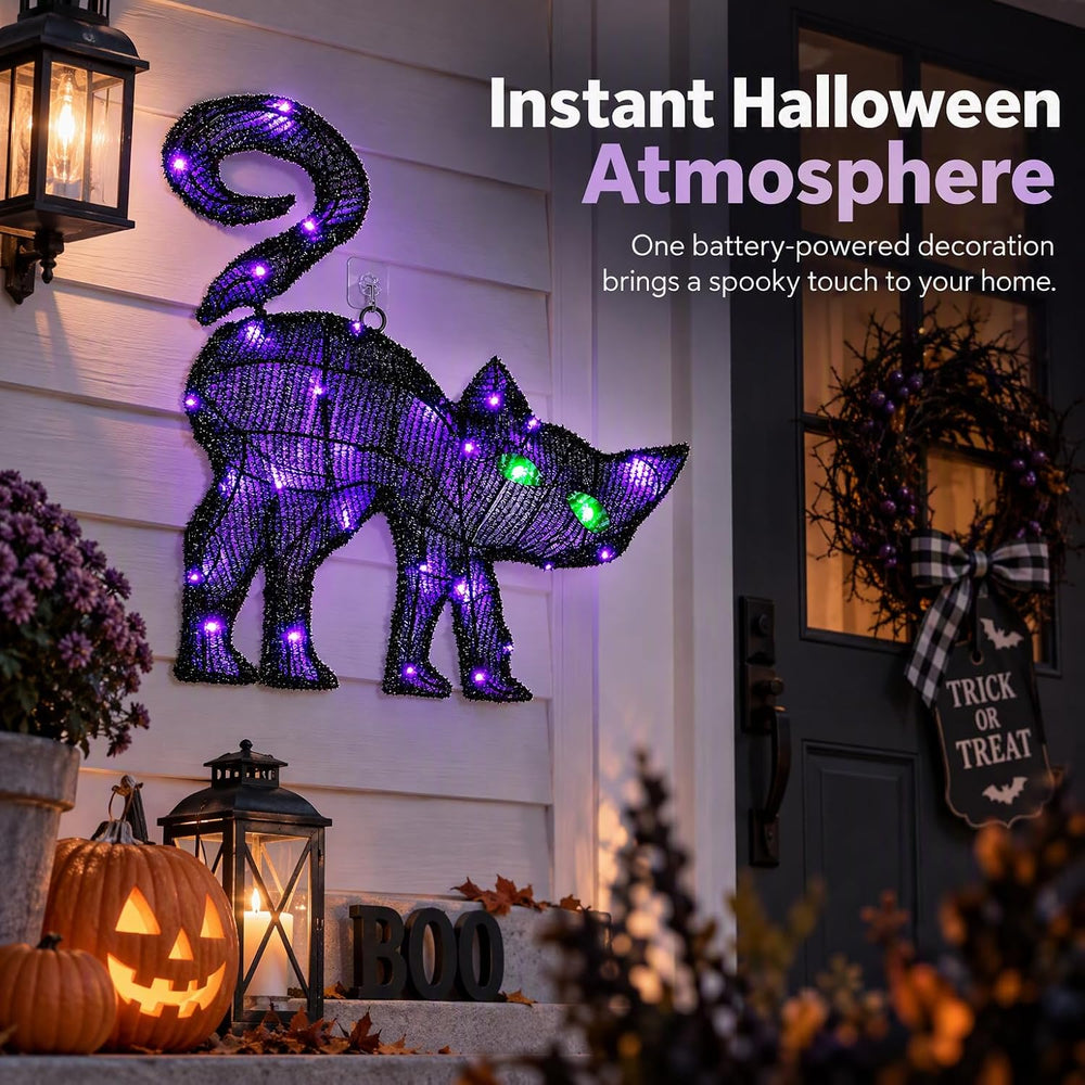 Black Cat Halloween Decor, 17.32 Inch Lighted Hanging Decoration