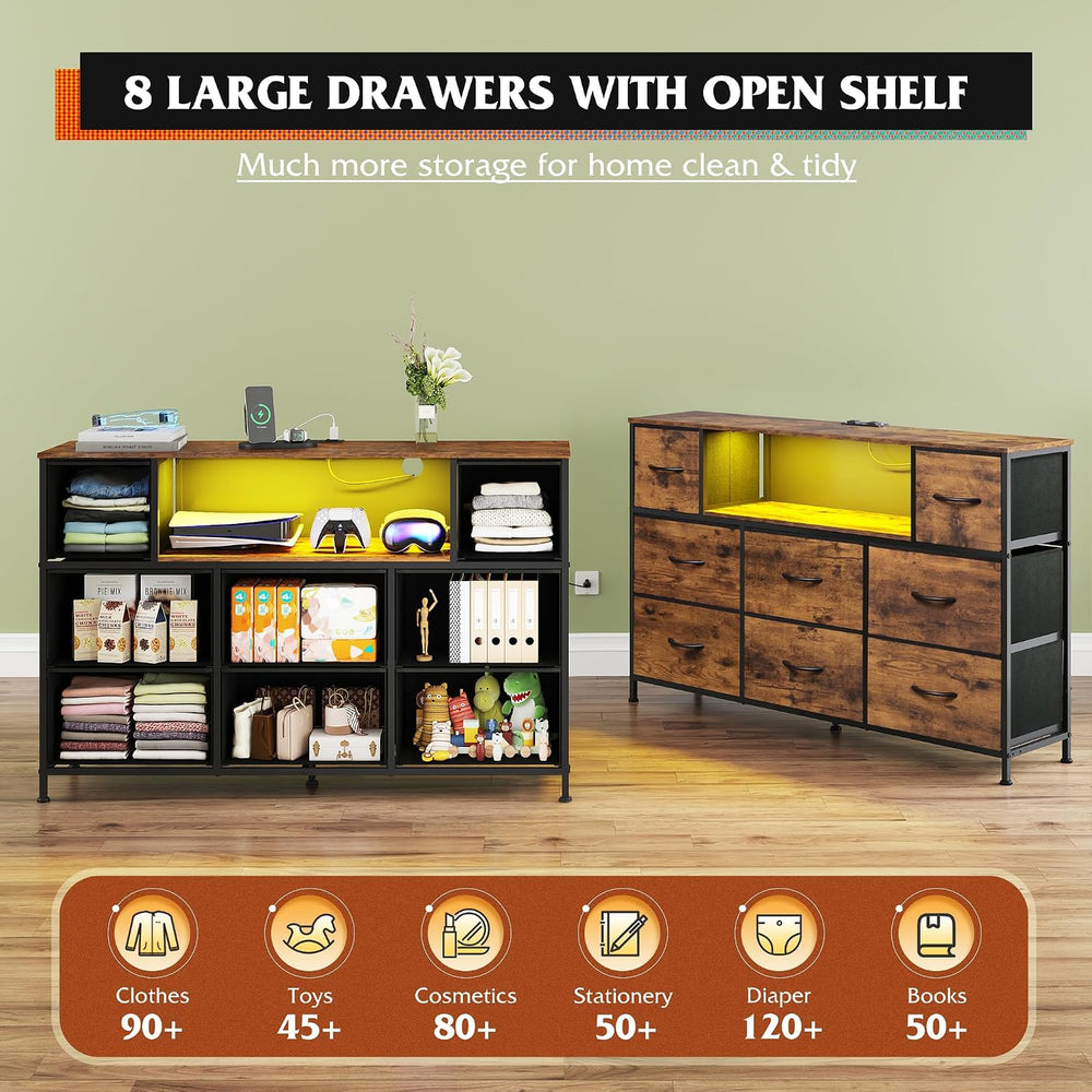 WLIVE LED Dresser TV Stand for 55 Inch TV, 8 Fabric Drawers, Brown Dresser