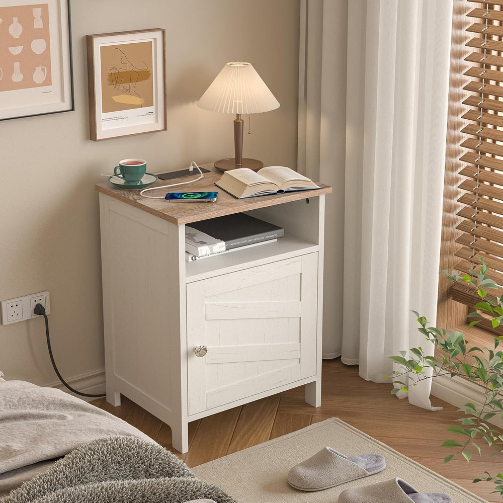 Nightstand with Charging Station, Farmhouse Night Stand Bedside Table with Op...