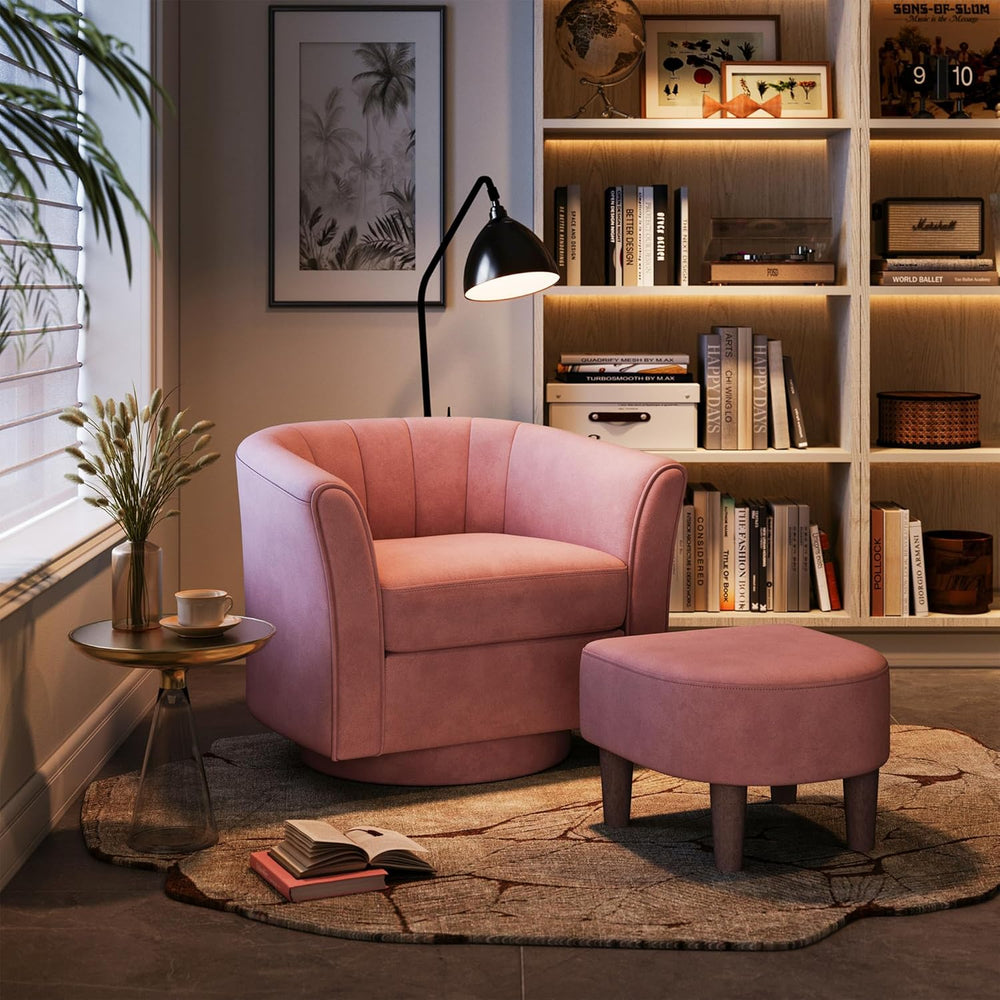 LINSY Large Swivel Accent Chair with Ottoman, Velvet Barrel Chair with Footre...