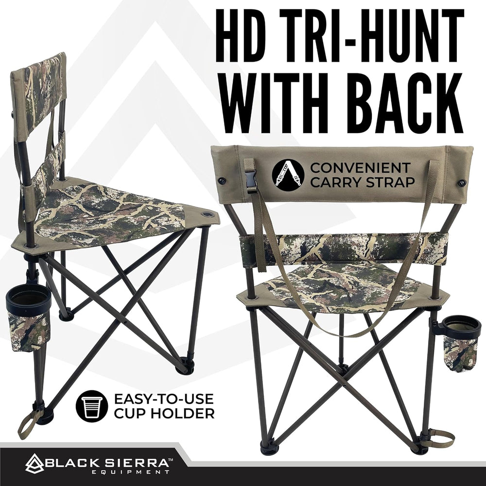 Black Sierra HD Tri-Hunt with Back Hunting Stool, Foldable Tripod Seat w/Stee...