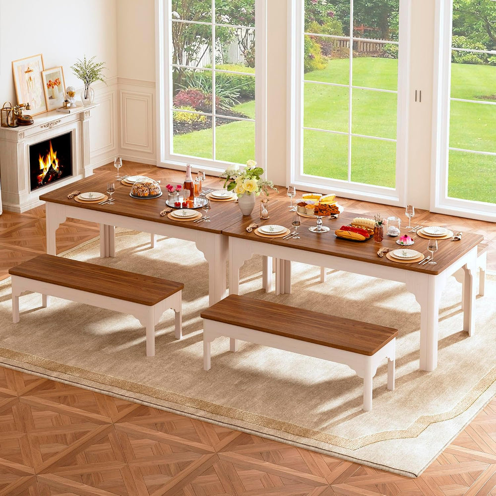 HUAHUU 63" Farmhouse Dining Table Set for 4-6, Kitchen Table with 2 Benc...