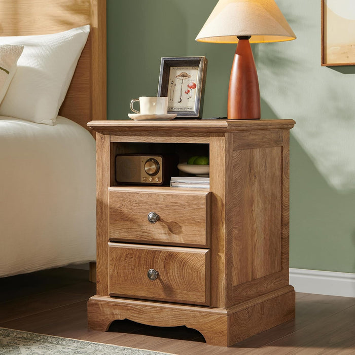 T4TREAM 18" Vintage Nightstand with Charging Station, Light Knotty Oak | Rustic 2 Drawers & Open Storage Shelf Wood Rustic Sofa Side Table