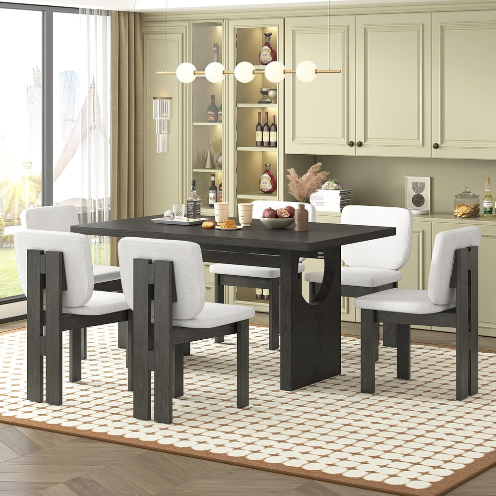 Merax Wood Dining Table Set for 6, Rectangular Tabletop/Upholstered Chairs/Re...