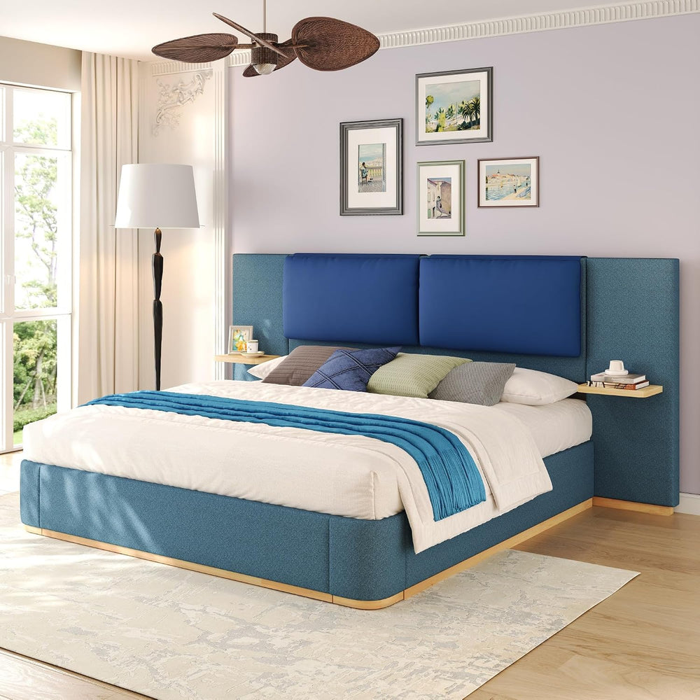 Peanu Queen Bed Frame, Upholstered Panel Headboard, Blue Finish
