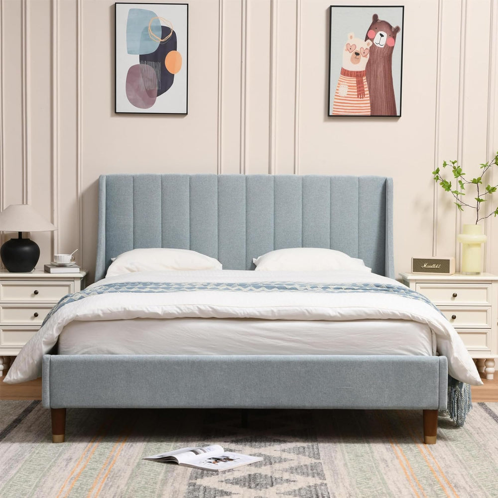 YUHUASHI Queen Upholstered Platform Bed Frame with Wingback Headboard,Blue