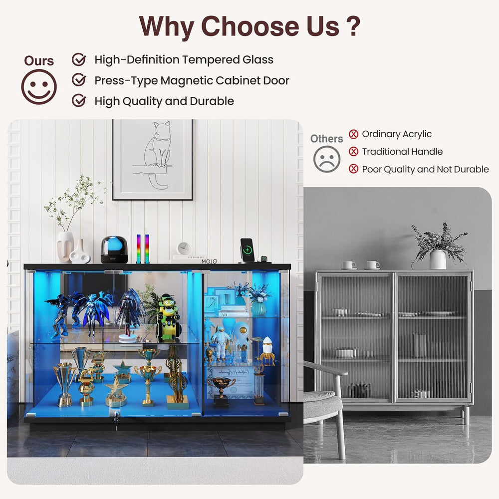 Gurexl 47.2" W Glass Display Cabinet with 3-Color LED Lights, 5-Tier Loc...