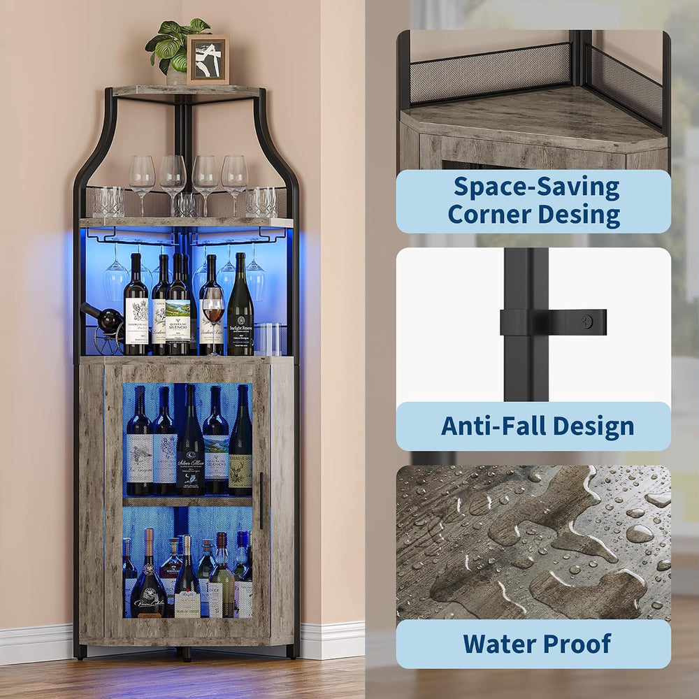 GarveeHome 5-Tiers Bar Cabinet, Corner Wine Cabinet with LED Lights