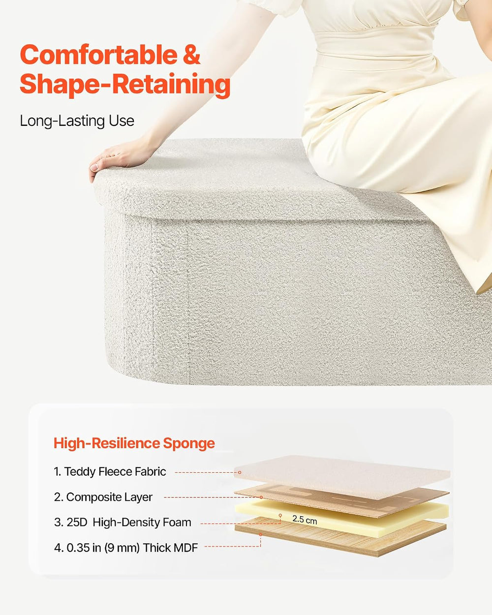VEVOR Oval Storage Ottoman Bench, Foldable Teddy Fleece End of Bed Bench, Fol...