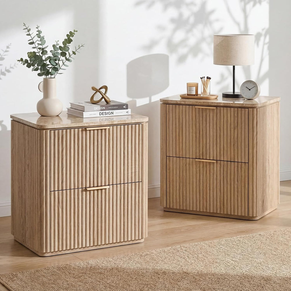 Fluted Nightstands Set 2 with Faux Marble Top, Modern Bedside Table | FSC-Cer...
