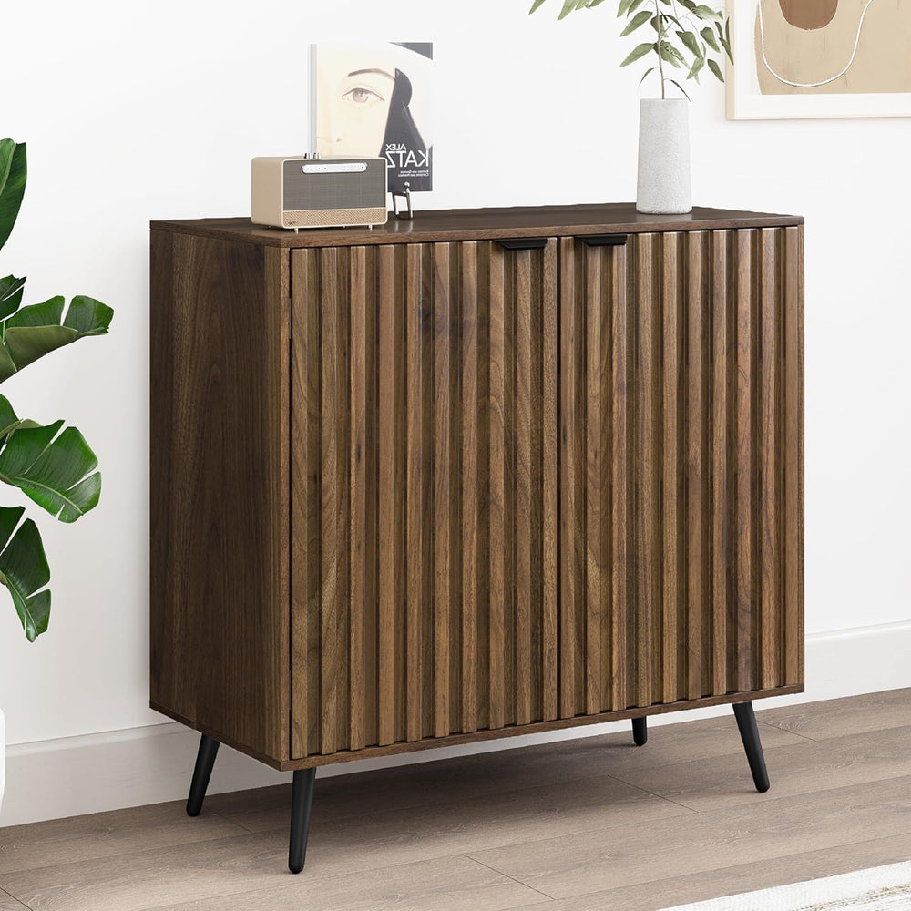 Smuxee Fluted Sideboard Cabinet, Freestanding Walnut Buffet Cabinet with Adju...