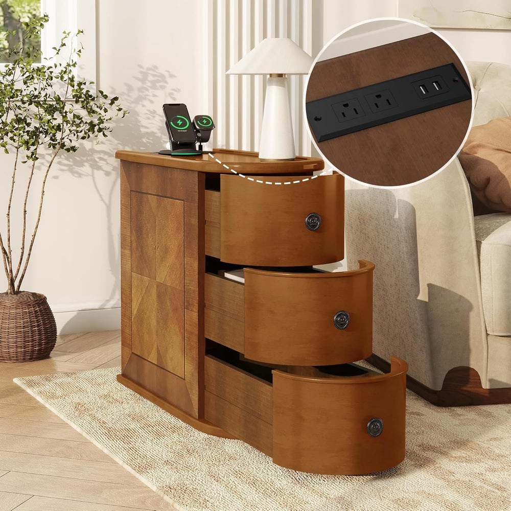 Narrow End Table with Charging Station, Wood Side Table with Drawers for Smal...