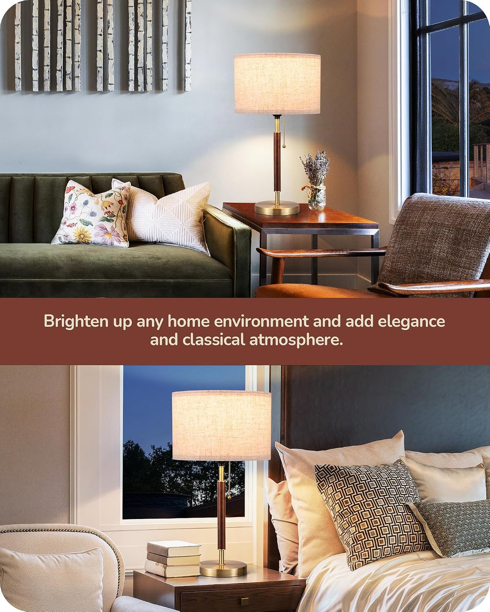 EDISHINE Mid Century Table Lamp, Bedside Lamp with Pull Chain Switch, E26