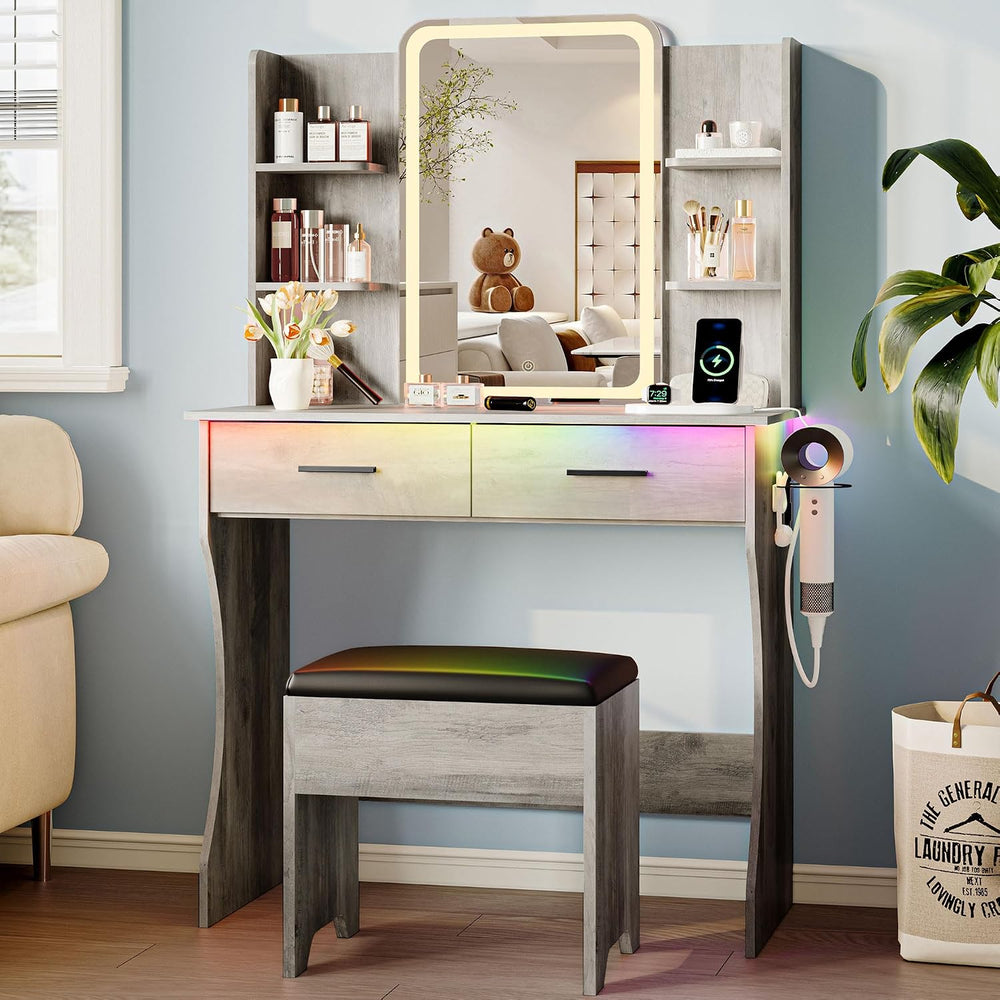 Vanity Desk with LED Lights Mirror & Power Outlet, Small Makeup Vanity Ta...