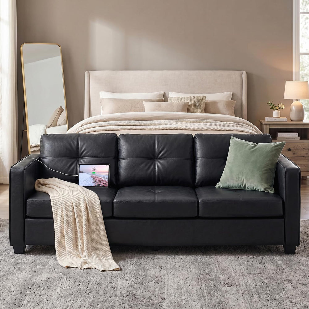 TYBOATLE 88'' Black Faux Leather Couch with USB, 3-Seater | Faux Leat...