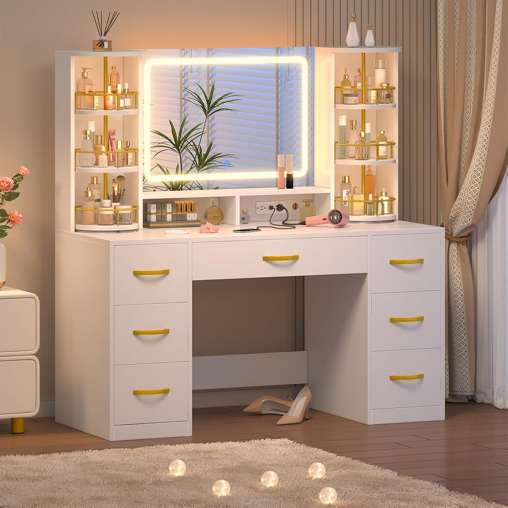 Vanity Desk with Mirror and Lights, 360° Rotating Shelves, 7 Drawers | White ...