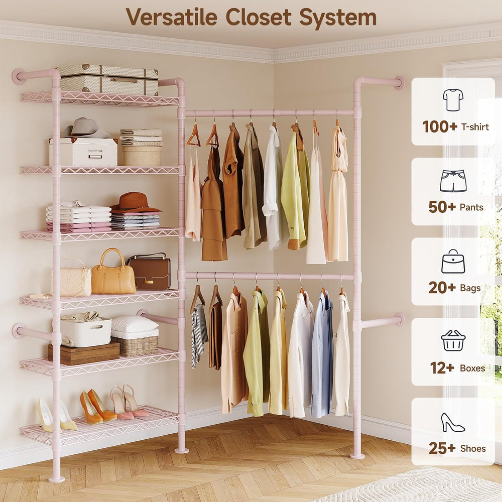 L2 Wall Mounted Closet System, Industrial Pipe Clothing Rack, Pink | Metal Cl...