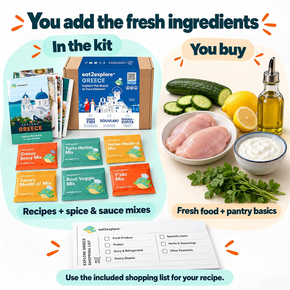 eat2explore Global Cooking Kits, Meal Gift Box for Teens & Adults, GREECE