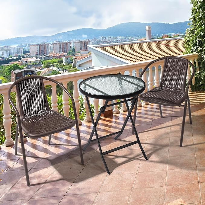 VINGLI Plastic Stackable Patio Chairs, Set of 4, Brown