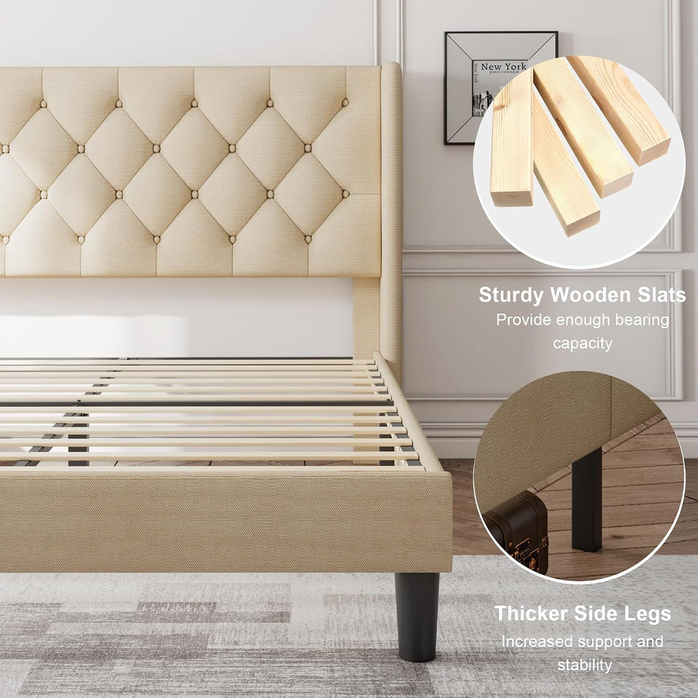 Feonase Queen Bed Frame with Diamond Tufted Wingback Headboard, Morden Uphols...
