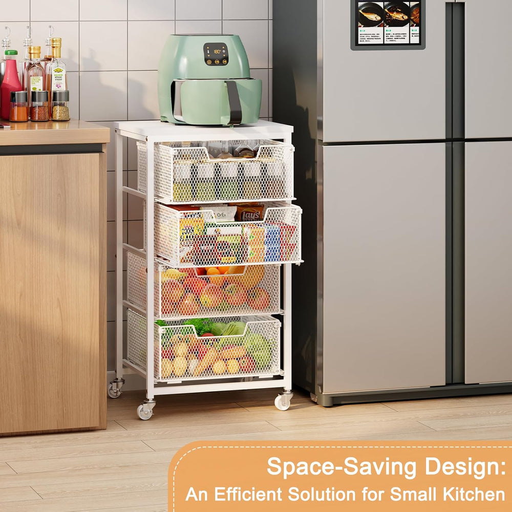 4-Tier Kitchen Storage Cart - Fruit Vegetable Storage Cart with Drawers, Wood...