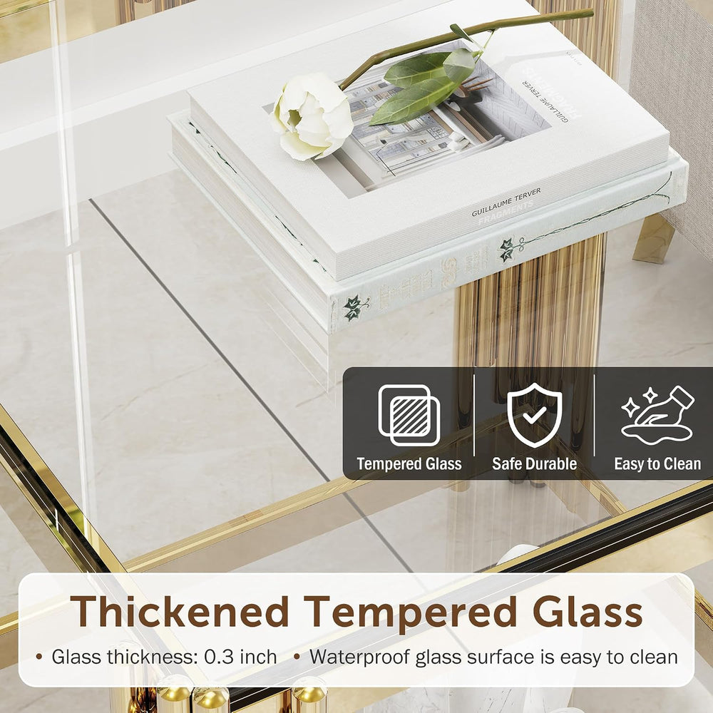 Luxury Gold Square Glass End Table, 19.7" Modern Side Table with Stainle...