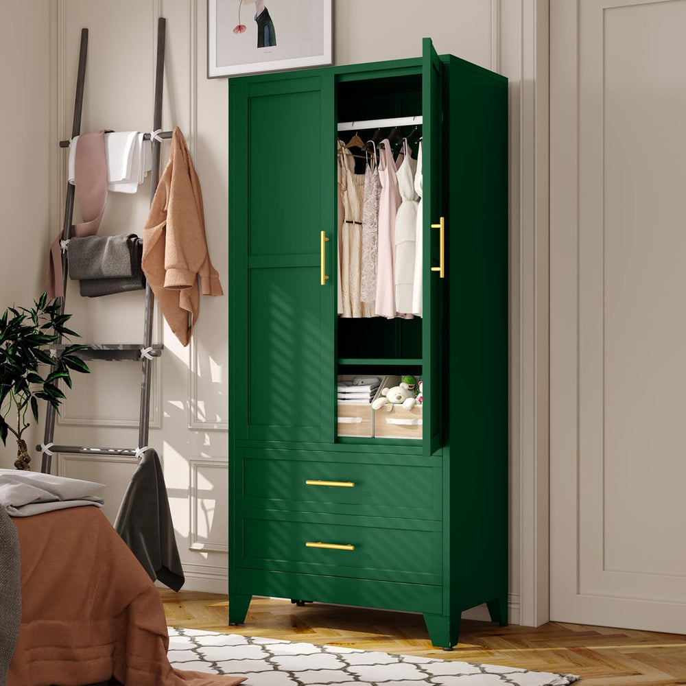 Metal Armoire Wardrobe Closet Cabinet with Hanging Rod, 2 Drawers